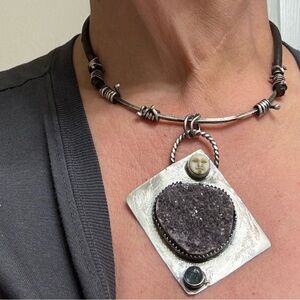 substantial sterling silver amethyst Druzy  Heart leather choker
